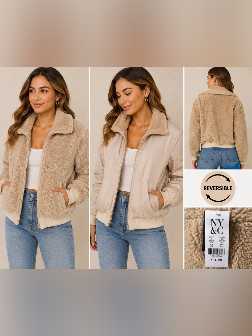 New York & Company Reversible Teddy Sherpa Jacket Beige XL NWT